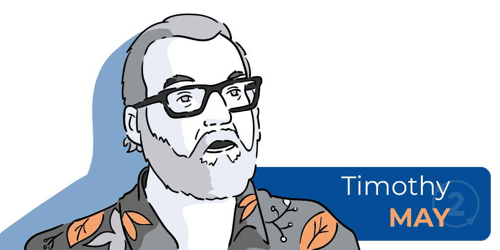 Una immagini disegnata di Timothy May il personaggio pi&ugrave; ribelle del movimento Cyperpunk. Ci ha lasciati nel 2019 nella sua casa di Coralitos-California. Per lui la Sicurezza nella Blockchain Bitcoin sono state uno stimolo di ribellione al Sistema.
